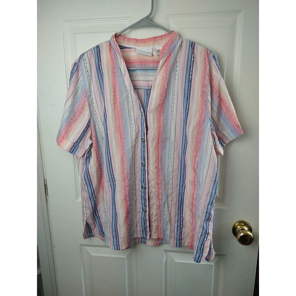 Alfred Dunner V Neck Button Collarless Striped Polka Dot Slit Blouse. Size 16